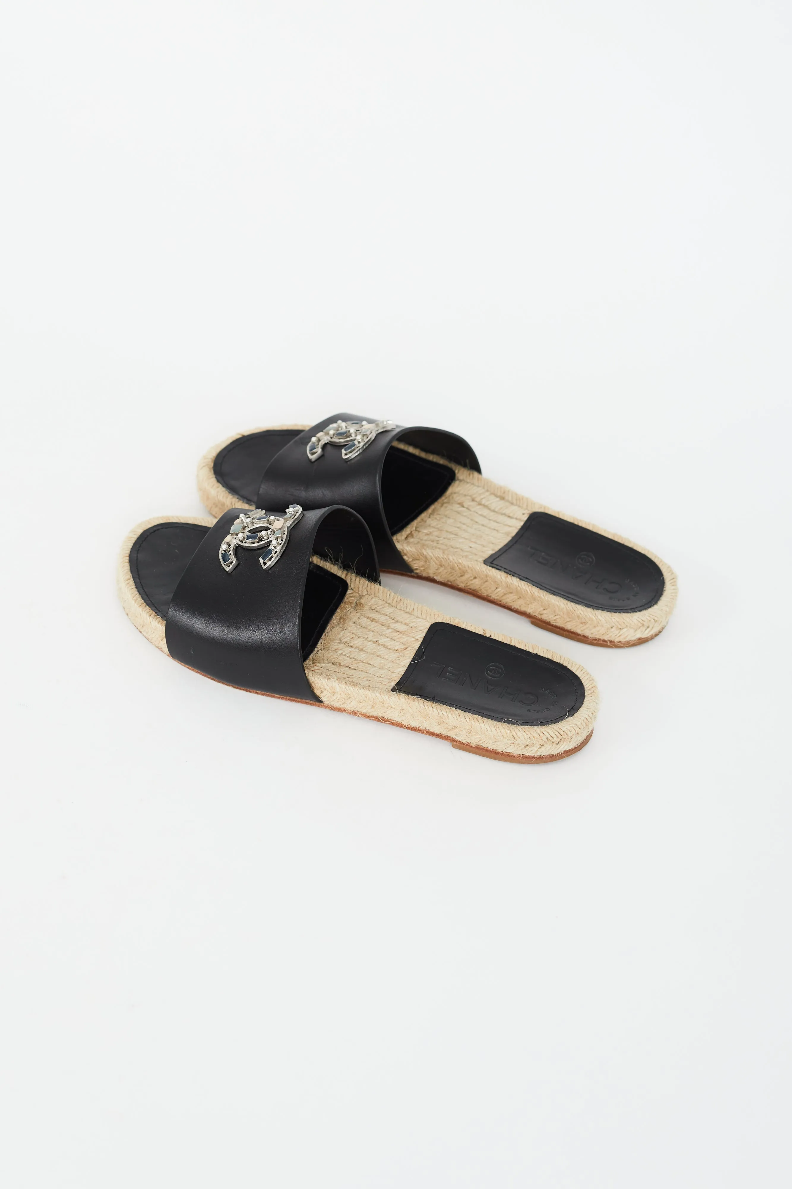 Black Embellished Logo Espadrille Slide