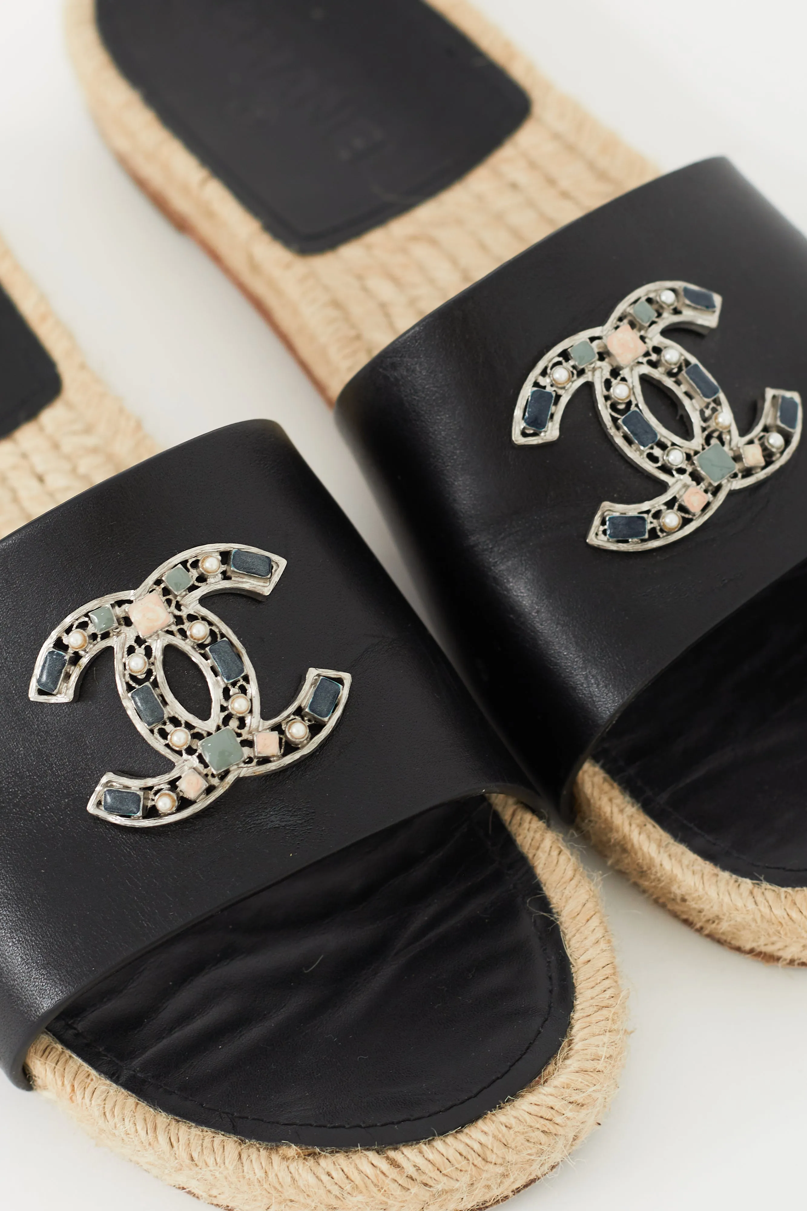 Black Embellished Logo Espadrille Slide
