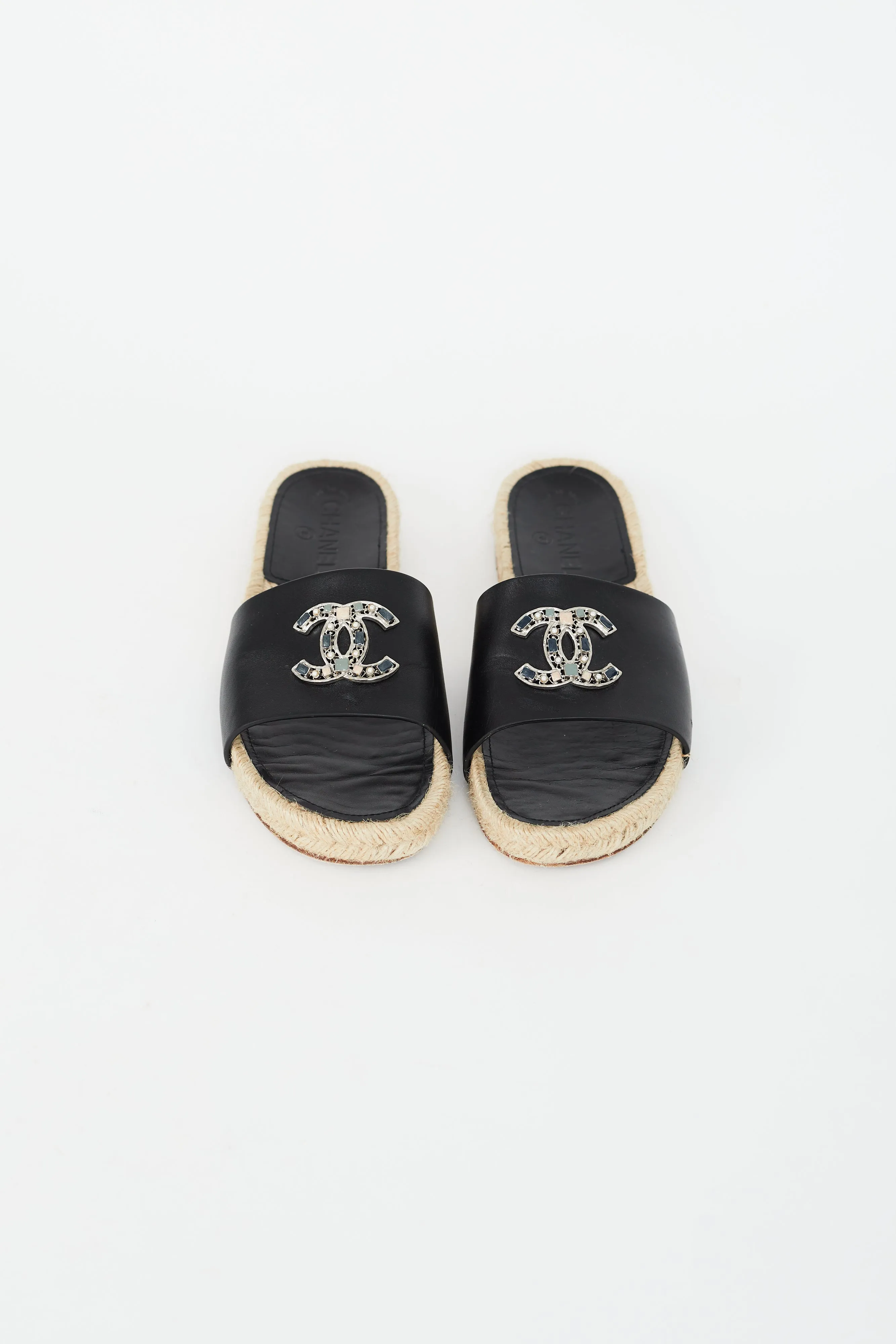 Black Embellished Logo Espadrille Slide