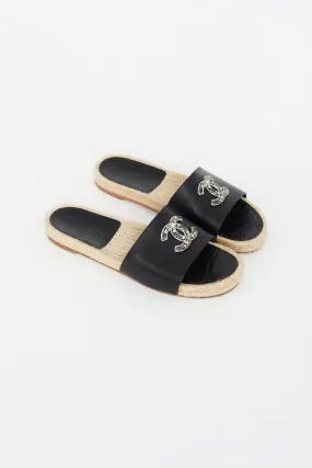 Black Embellished Logo Espadrille Slide