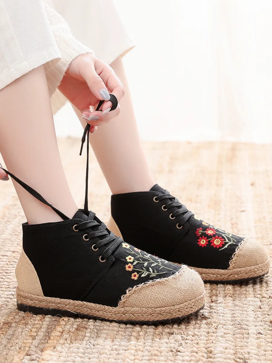 Cactus Rose | Embroidered Blossom Head Hi-Top Sneakers Espadrilles
