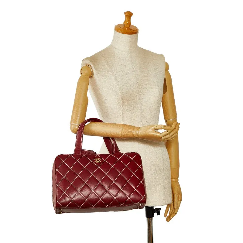 Chanel CC Wild Stitch Leather Mini Boston Bag Leather Handbag in Good condition
