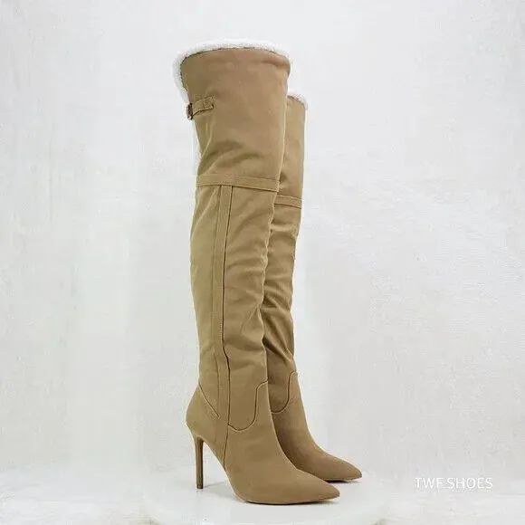 Cozy Craze Taupe Nubuck Over The Knee Fleece High Heel Thigh Boots