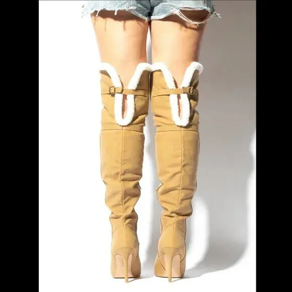 Cozy Craze Taupe Nubuck Over The Knee Fleece High Heel Thigh Boots