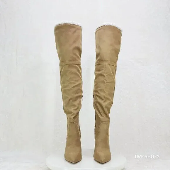 Cozy Craze Taupe Nubuck Over The Knee Fleece High Heel Thigh Boots