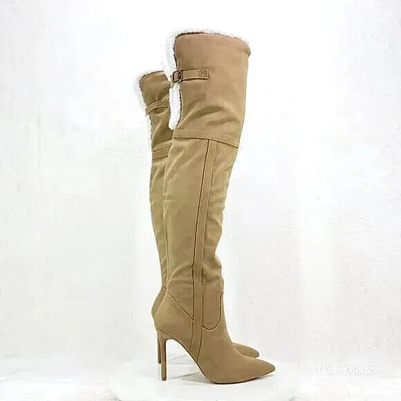 Cozy Craze Taupe Nubuck Over The Knee Fleece High Heel Thigh Boots