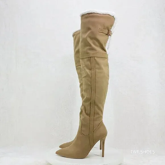 Cozy Craze Taupe Nubuck Over The Knee Fleece High Heel Thigh Boots
