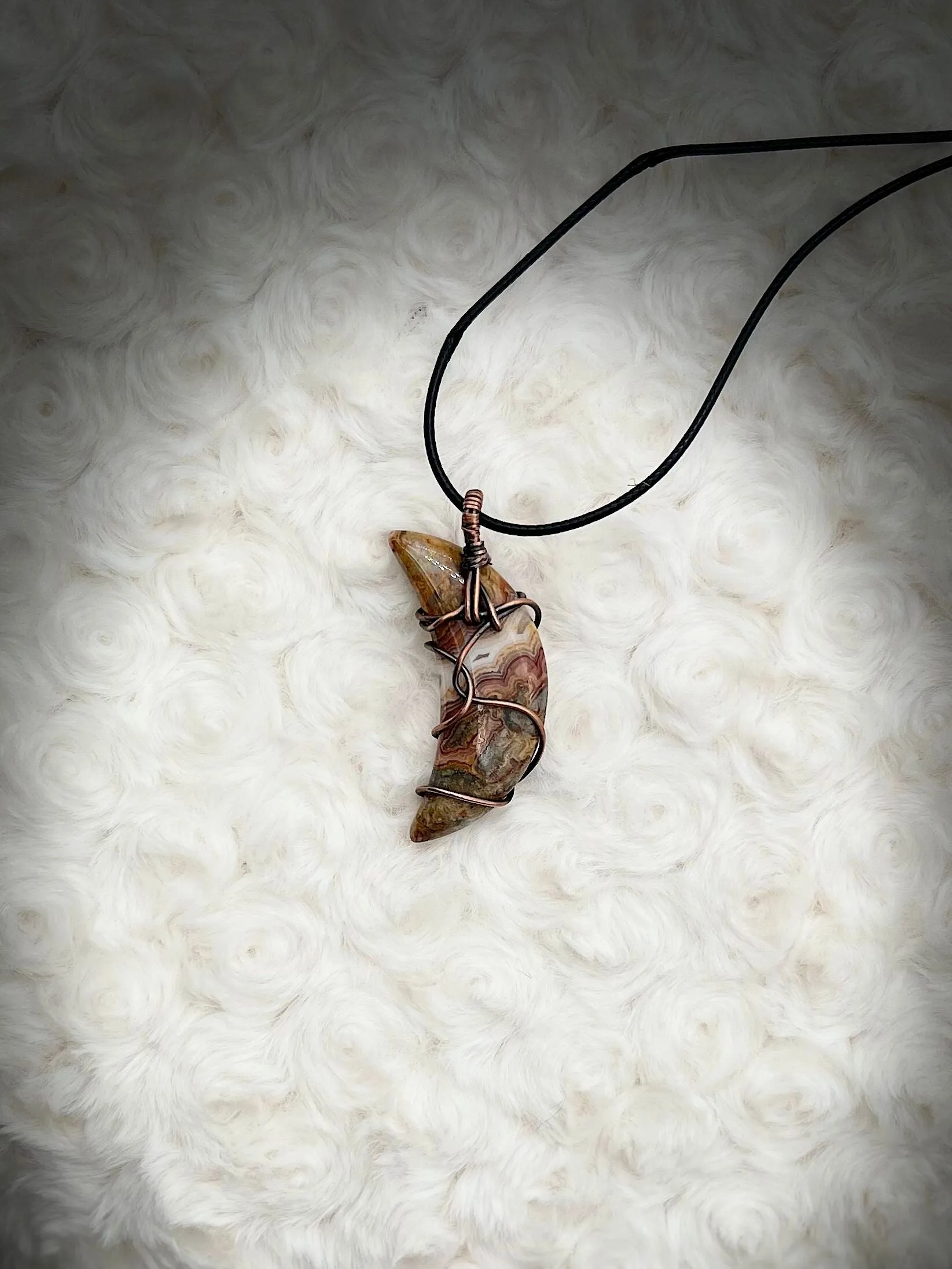 Crazy Lace Agate Cresent Moon Pendant in Antique Copper