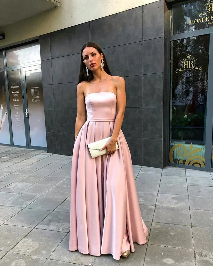Formal Women's Dresses Simple Strapless Pink Satin Prom Dress Pleated A-Line Formal Evening Gowns Prom Dresses Stores