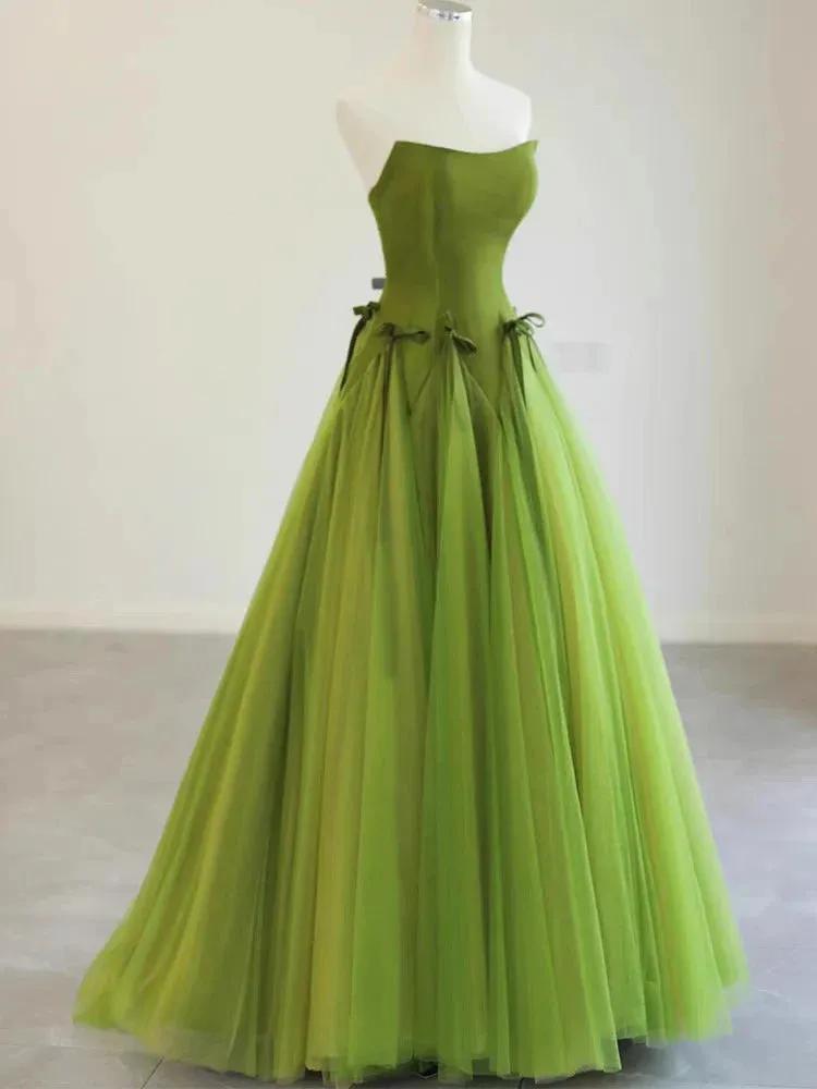 Formal Women's Dresses Strapless A Line Green Long Prom Dress Formal Party Dress Prom Dress Store