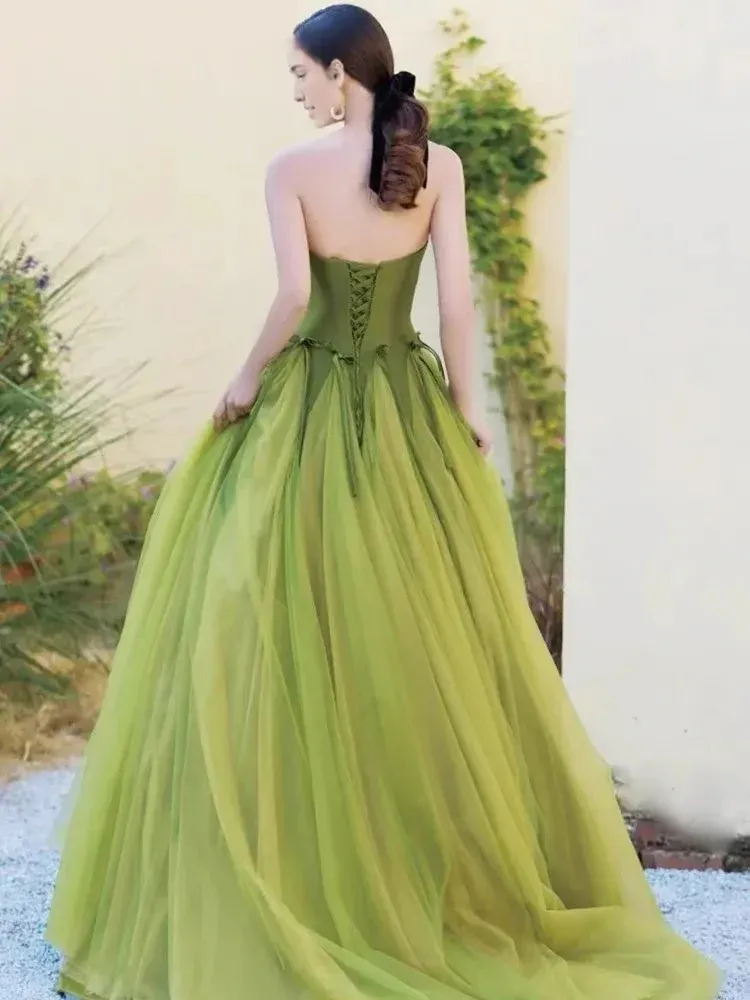 Formal Women's Dresses Strapless A Line Green Long Prom Dress Formal Party Dress Prom Dress Store