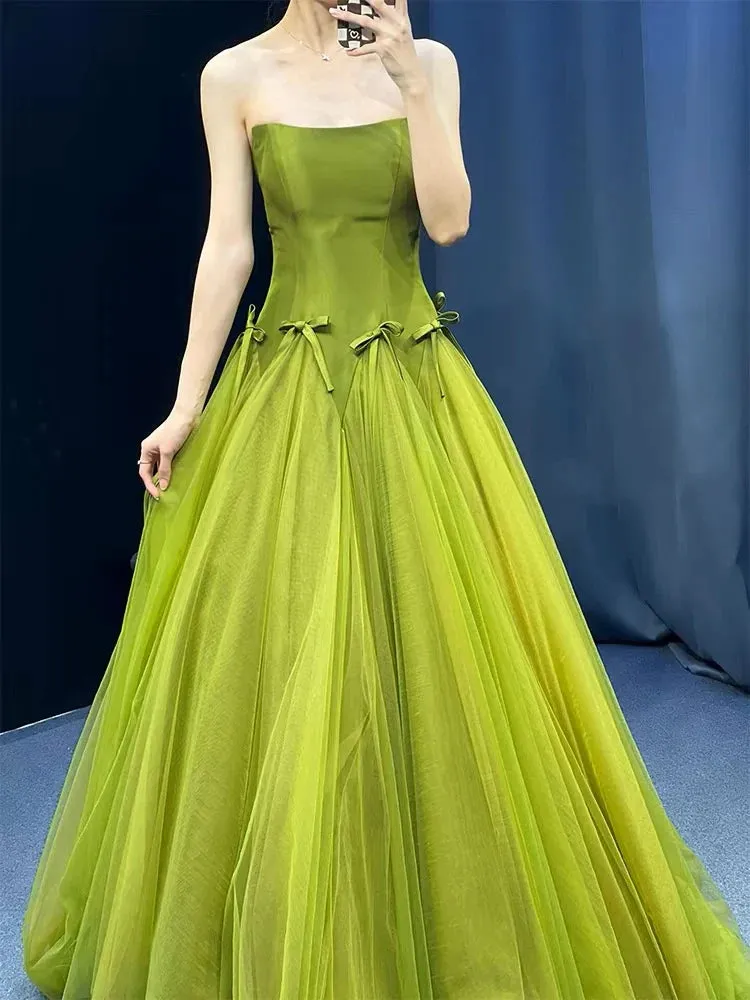 Formal Women's Dresses Strapless A Line Green Long Prom Dress Formal Party Dress Prom Dress Store