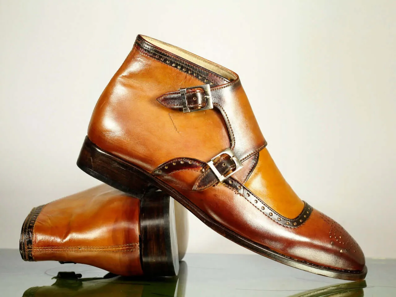 Handmade Men's Tan Brown Wing Tip Brogue Leather Ankle Boots, Men Designer Double Monk Strap Boots