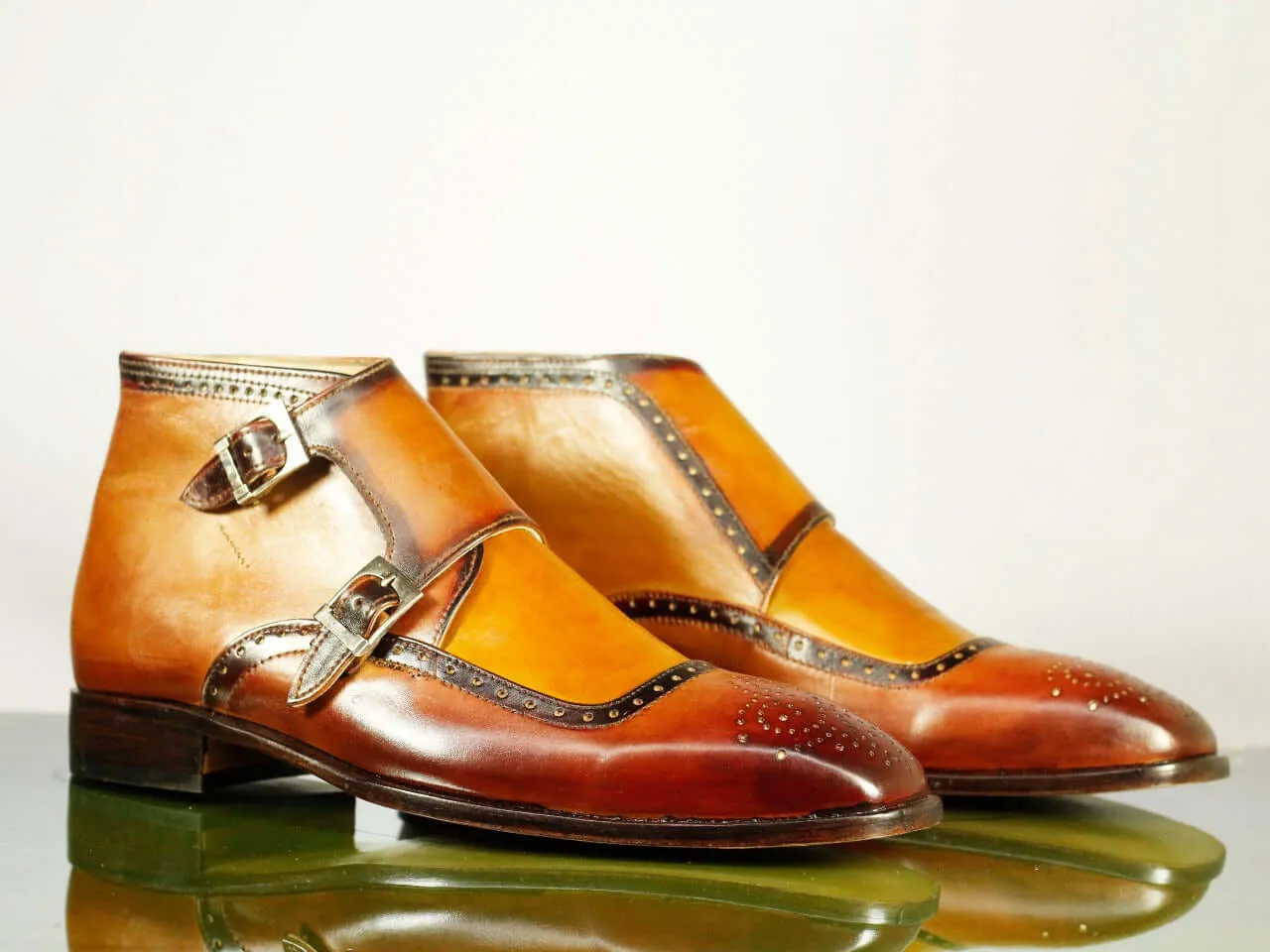 Handmade Men's Tan Brown Wing Tip Brogue Leather Ankle Boots, Men Designer Double Monk Strap Boots