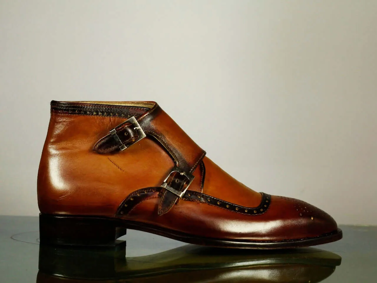 Handmade Men's Tan Brown Wing Tip Brogue Leather Ankle Boots, Men Designer Double Monk Strap Boots