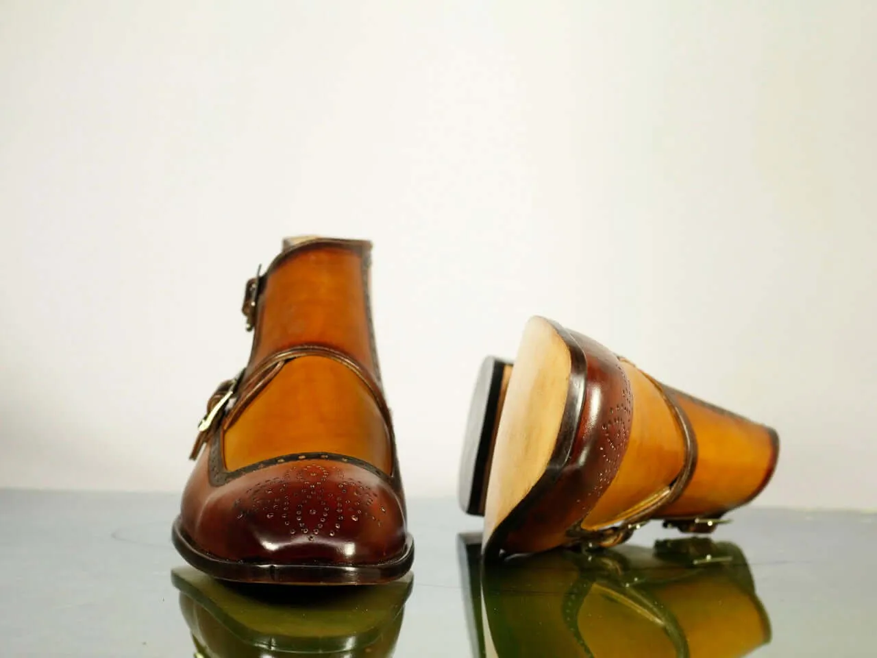 Handmade Men's Tan Brown Wing Tip Brogue Leather Ankle Boots, Men Designer Double Monk Strap Boots
