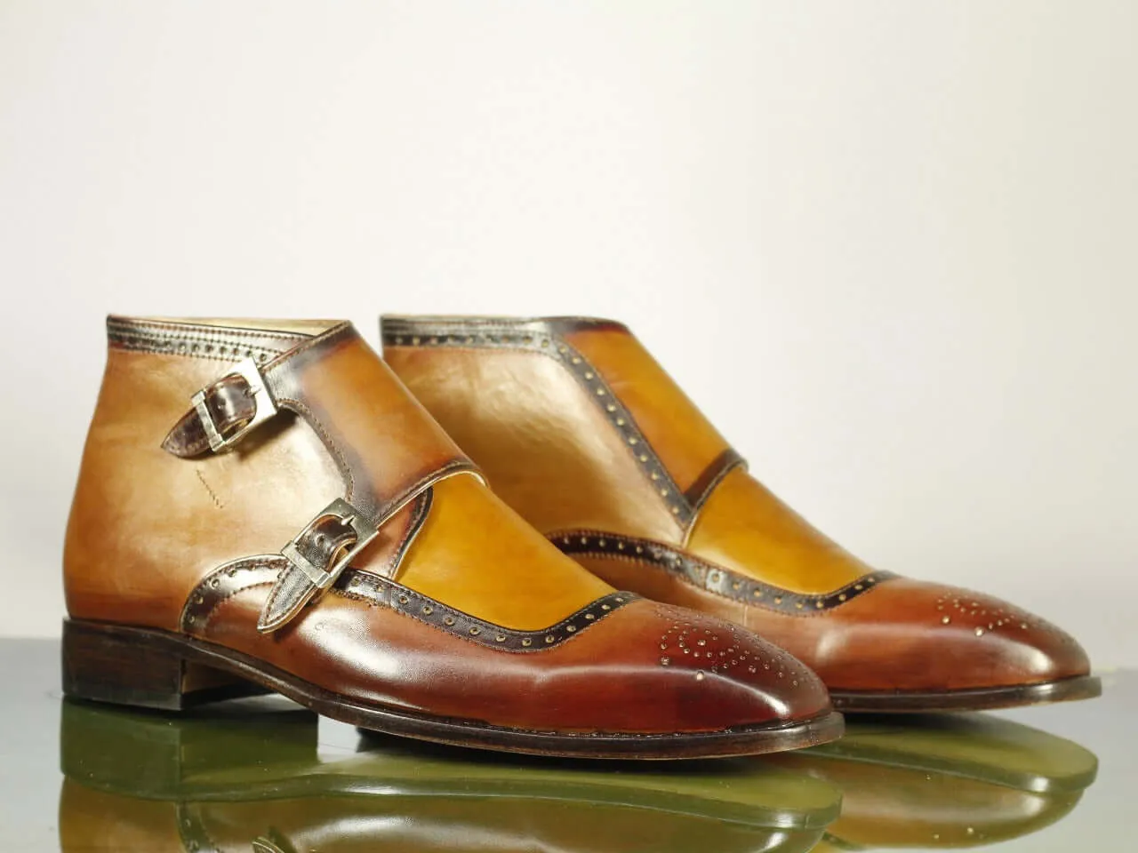 Handmade Men's Tan Brown Wing Tip Brogue Leather Ankle Boots, Men Designer Double Monk Strap Boots