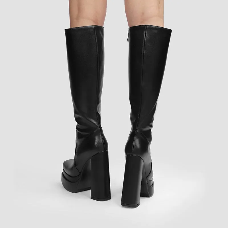 PLATFORM BLOCK HEEL KNEE HIGH BOOTS