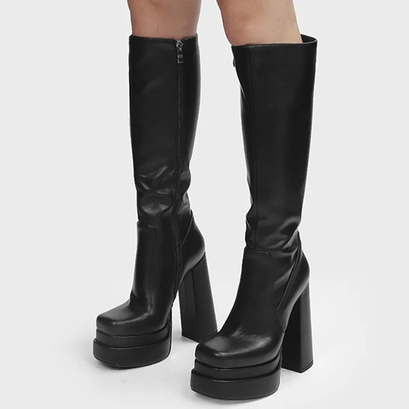 PLATFORM BLOCK HEEL KNEE HIGH BOOTS