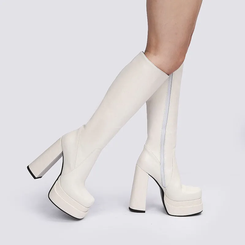 PLATFORM BLOCK HEEL KNEE HIGH BOOTS