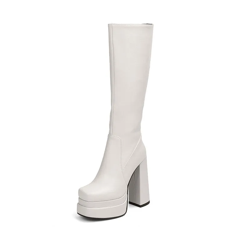 PLATFORM BLOCK HEEL KNEE HIGH BOOTS