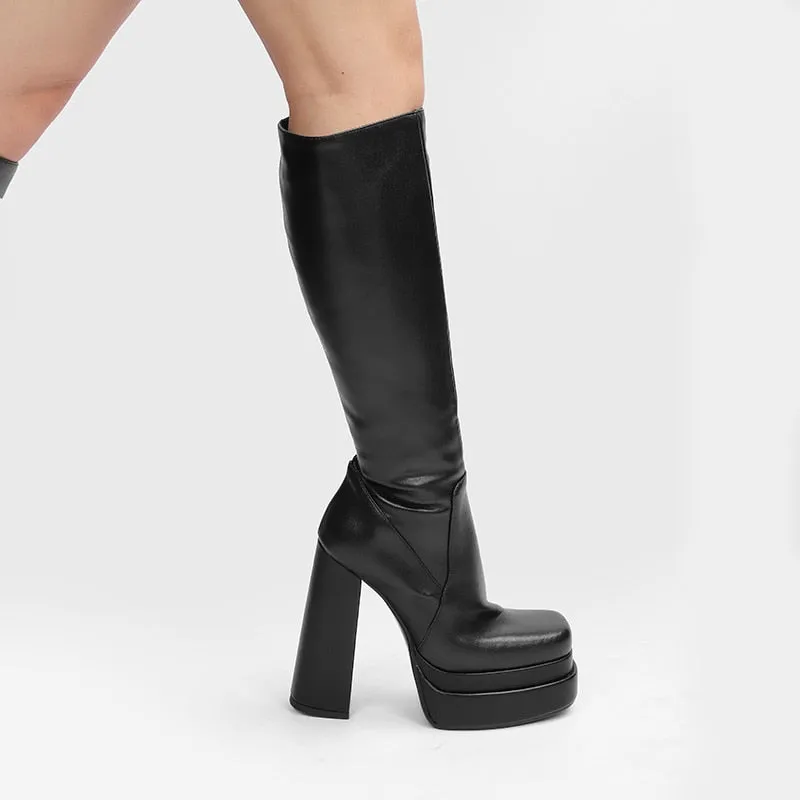 PLATFORM BLOCK HEEL KNEE HIGH BOOTS