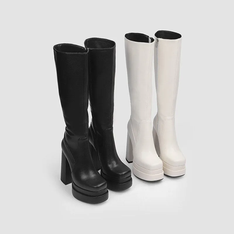 PLATFORM BLOCK HEEL KNEE HIGH BOOTS