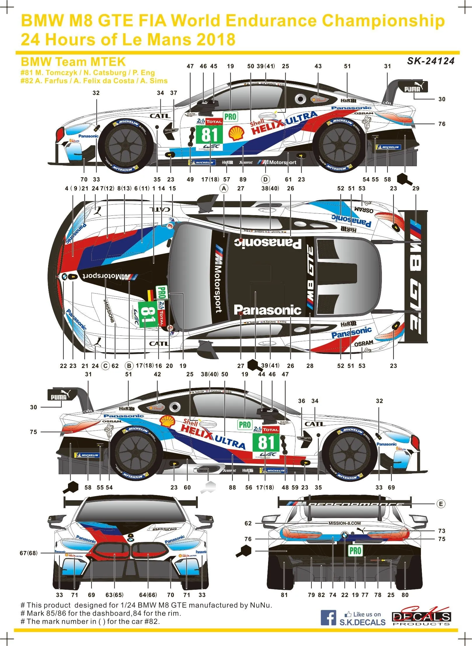 S.K. Decals BMW M8 GTE FIA World Endurance Championship Le Mans 2018 (NuNu) - 1/24 Scale