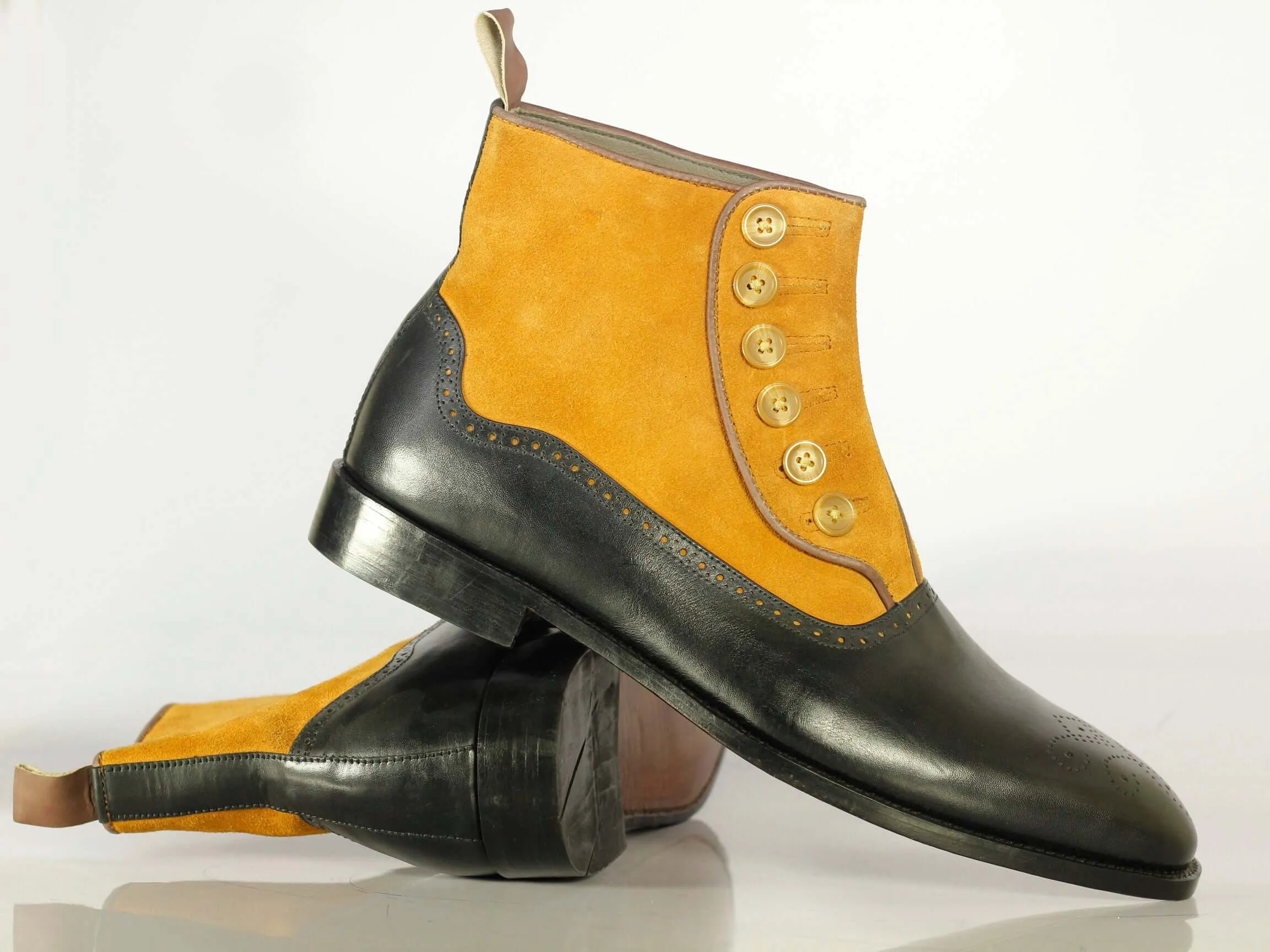 Stylish Handmade Men's Black Yellow Brogue Toe Ankle High Boots, Men Leather Suede Button Boots