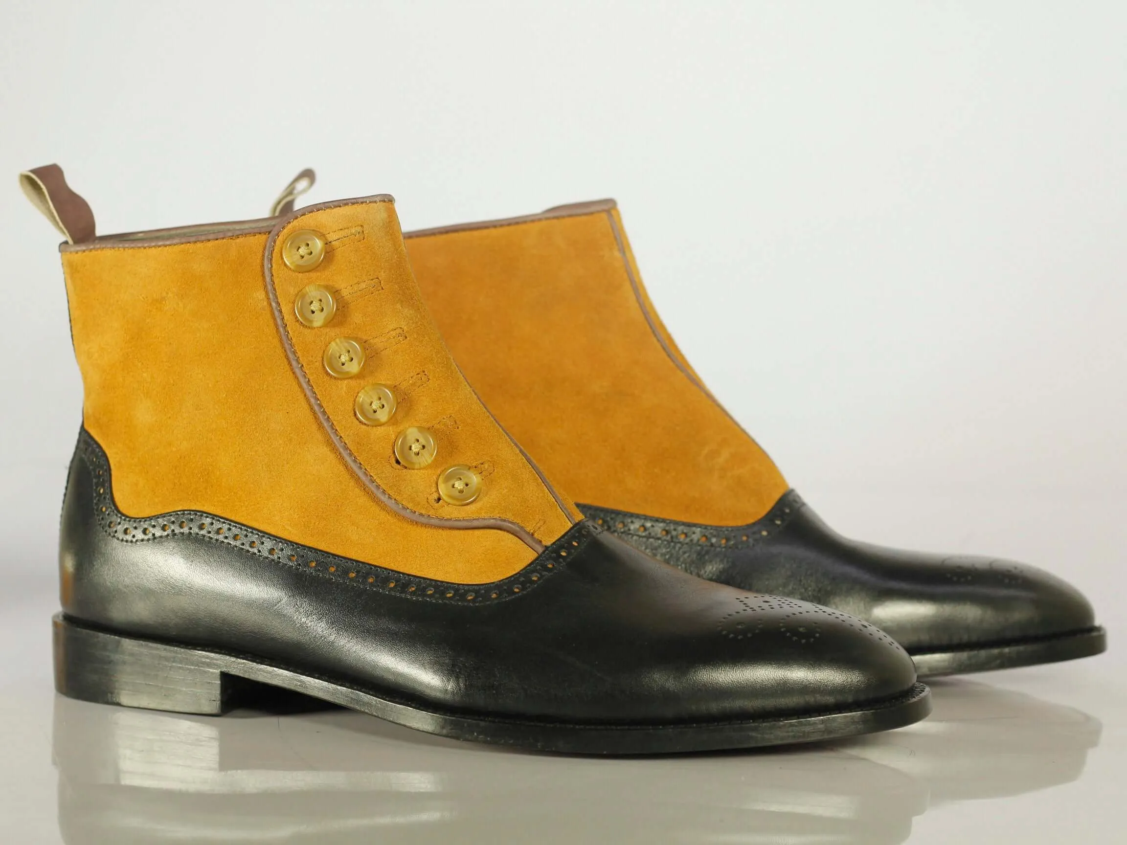 Stylish Handmade Men's Black Yellow Brogue Toe Ankle High Boots, Men Leather Suede Button Boots