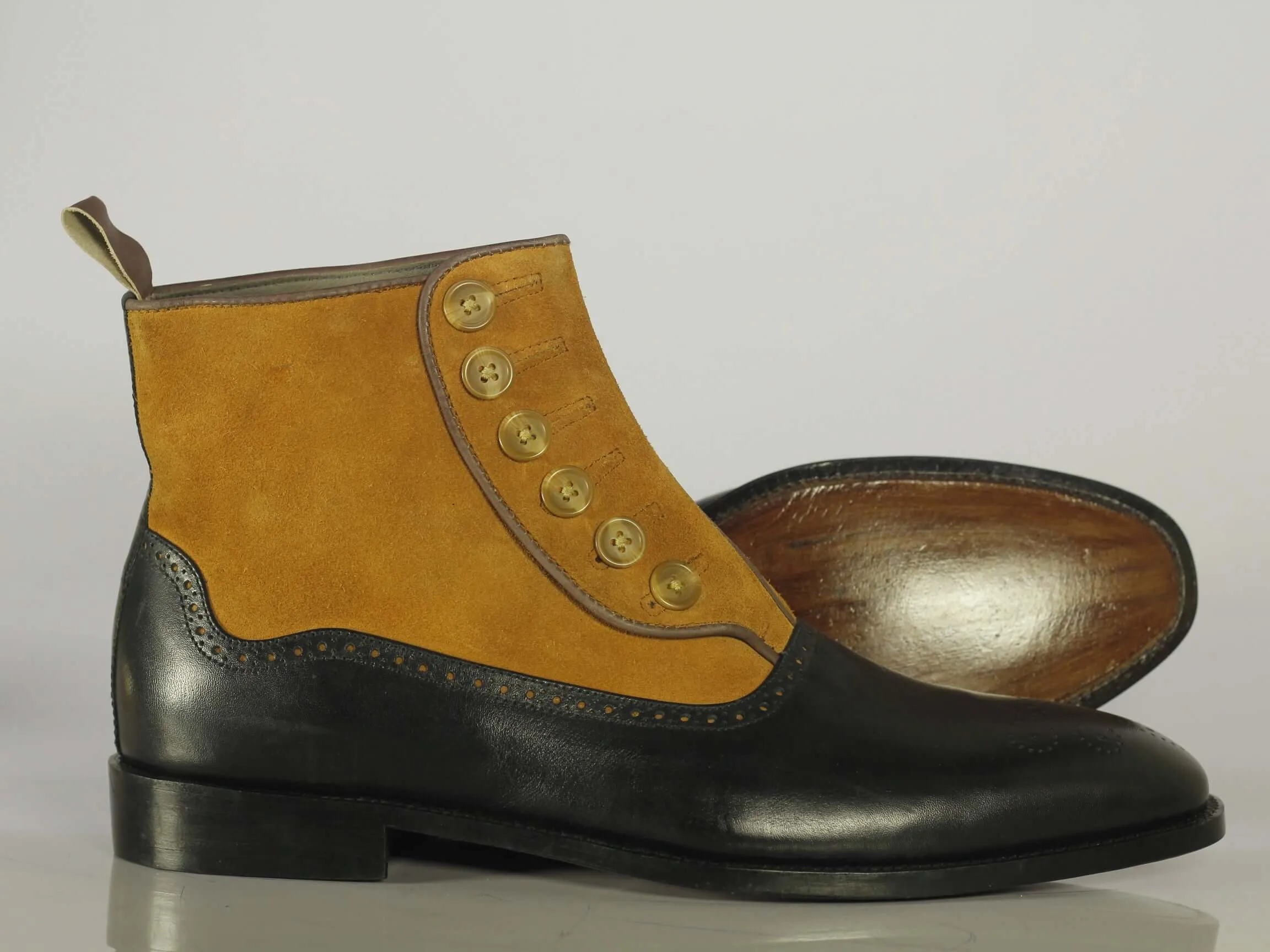 Stylish Handmade Men's Black Yellow Brogue Toe Ankle High Boots, Men Leather Suede Button Boots